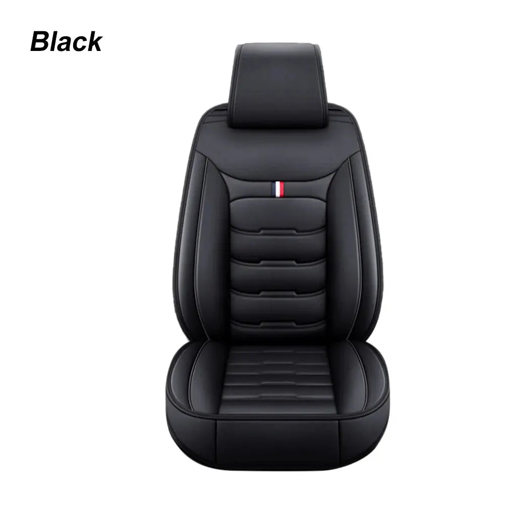 Black Jungle Line universal PU leather car seat cover on front seat, showing smooth leather material and secure fit.