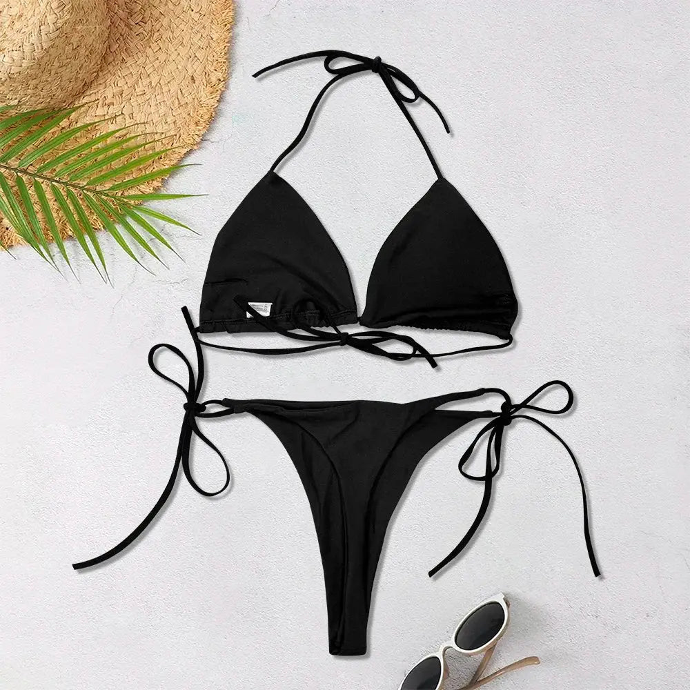 2025 New Women's Solid-color Separate Beach Wear Sexy Halter Three-point Bikini Backless Adjustable Lace-up Swimsuit - Jungle Line
