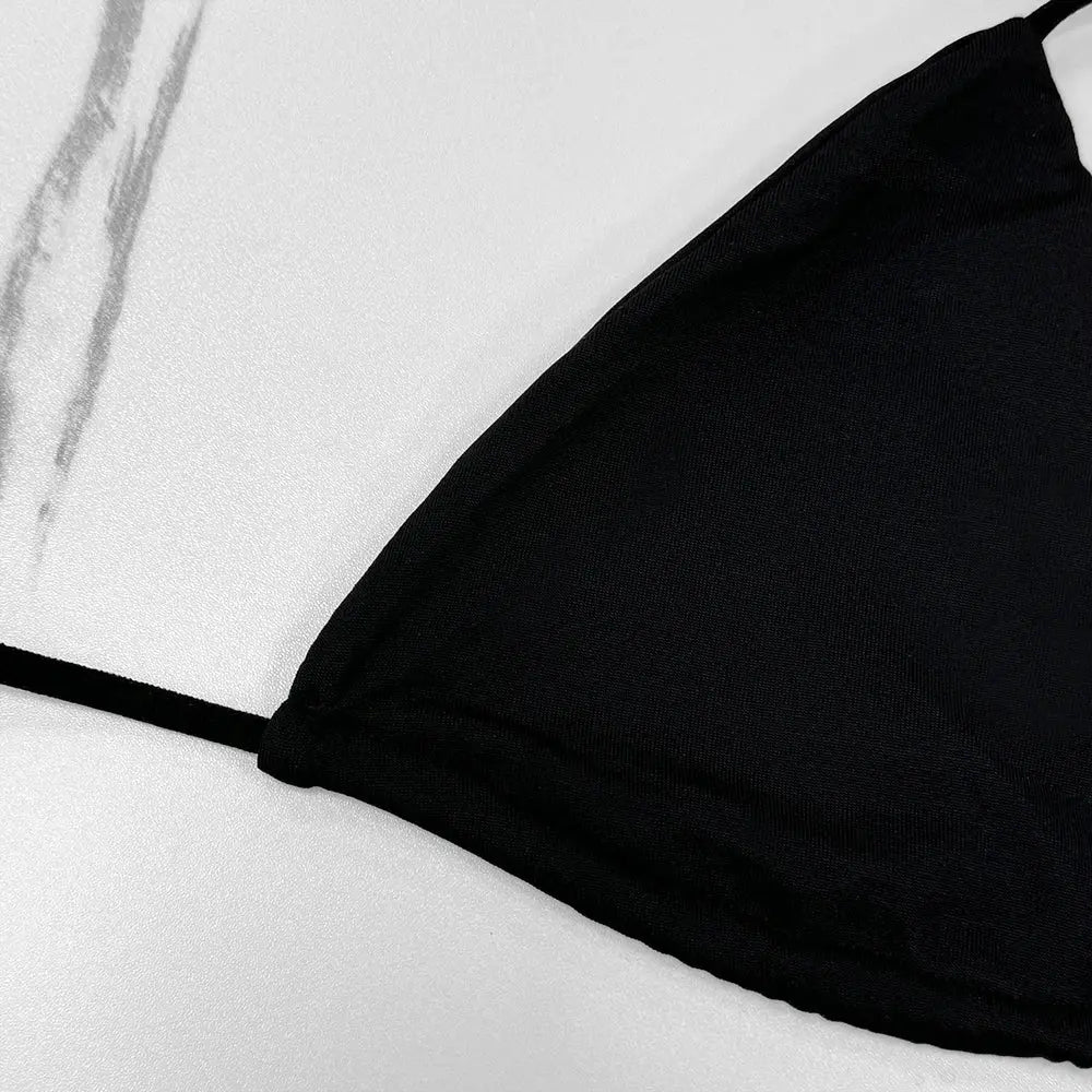 2025 New Women's Solid-color Separate Beach Wear Sexy Halter Three-point Bikini Backless Adjustable Lace-up Swimsuit - Jungle Line