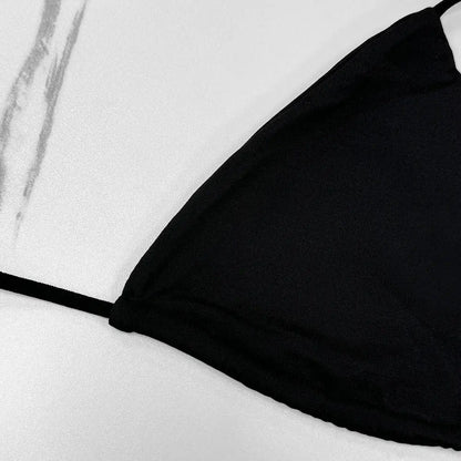 2025 New Women's Solid-color Separate Beach Wear Sexy Halter Three-point Bikini Backless Adjustable Lace-up Swimsuit - Jungle Line