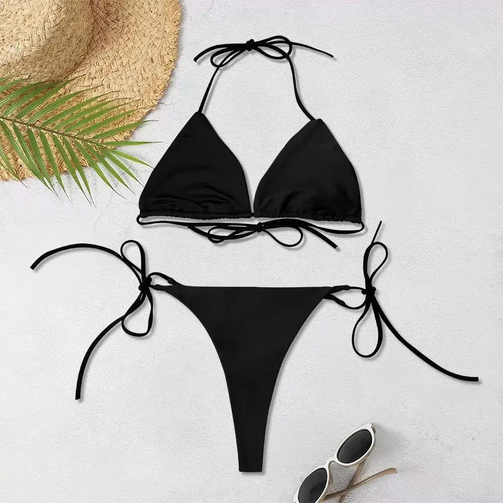 2025 New Women's Solid-color Separate Beach Wear Sexy Halter Three-point Bikini Backless Adjustable Lace-up Swimsuit - Jungle Line