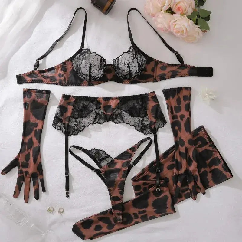 Leopard Costume for Women Lingeries Sexy Hot Set Ultra Sexy Lace Patchwork Intimate Sexy Complete with Gloves Stocking Underwear - Jungle Line
