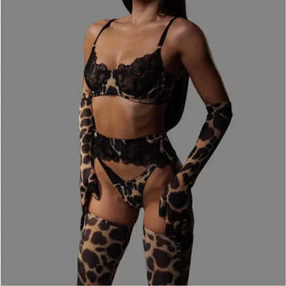 Leopard Costume for Women Lingeries Sexy Hot Set Ultra Sexy Lace Patchwork Intimate Sexy Complete with Gloves Stocking Underwear - Jungle Line
