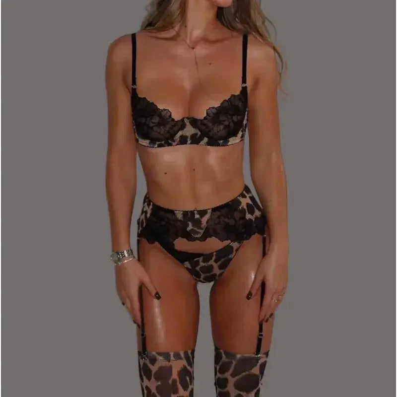 Leopard Costume for Women Lingeries Sexy Hot Set Ultra Sexy Lace Patchwork Intimate Sexy Complete with Gloves Stocking Underwear - Jungle Line