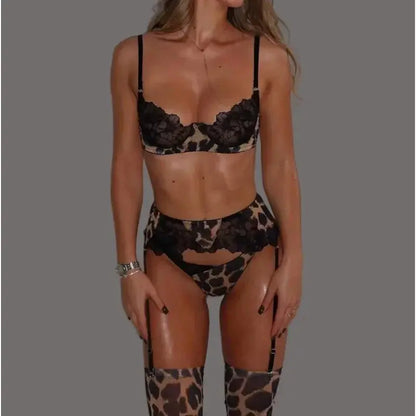 Leopard Costume for Women Lingeries Sexy Hot Set Ultra Sexy Lace Patchwork Intimate Sexy Complete with Gloves Stocking Underwear - Jungle Line