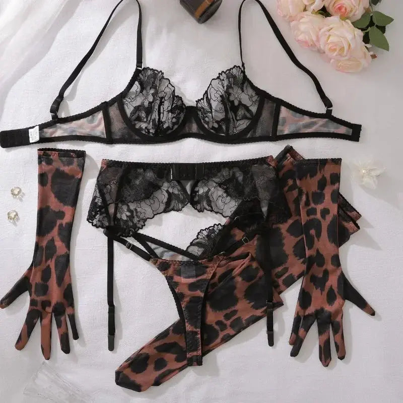 Leopard Costume for Women Lingeries Sexy Hot Set Ultra Sexy Lace Patchwork Intimate Sexy Complete with Gloves Stocking Underwear - Jungle Line