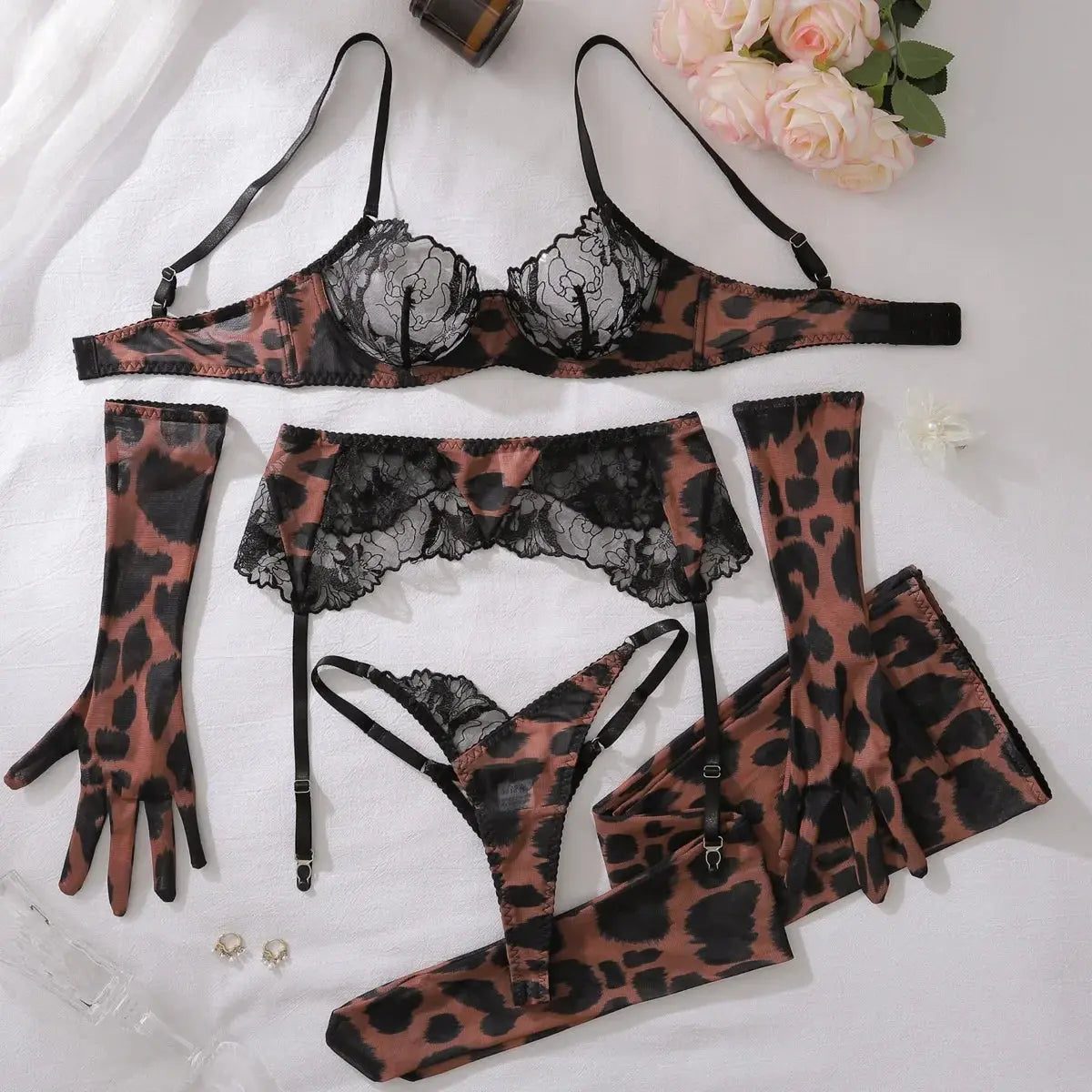 Leopard Costume for Women Lingeries Sexy Hot Set Ultra Sexy Lace Patchwork Intimate Sexy Complete with Gloves Stocking Underwear - Jungle Line