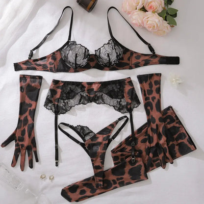 Leopard Costume for Women Lingeries Sexy Hot Set Ultra Sexy Lace Patchwork Intimate Sexy Complete with Gloves Stocking Underwear - Jungle Line