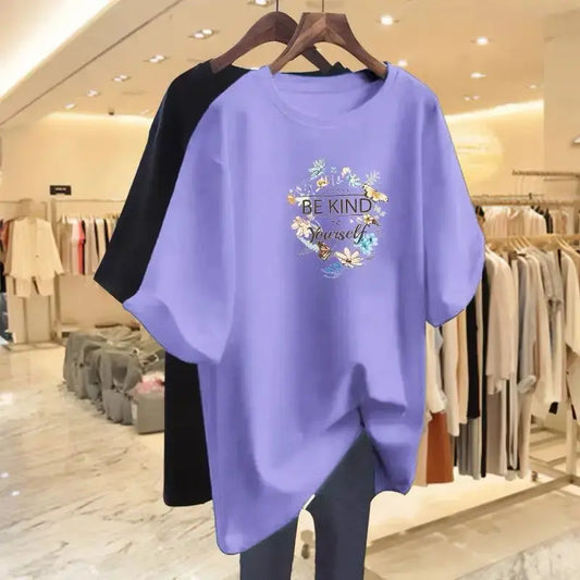 Women Clothing Floral Printing Pure Cotton Basic T-shirts Summer Fashion O-neck Short Sleeve Loose Tee Casual Chic Tops 45-105Kg - Jungle Line