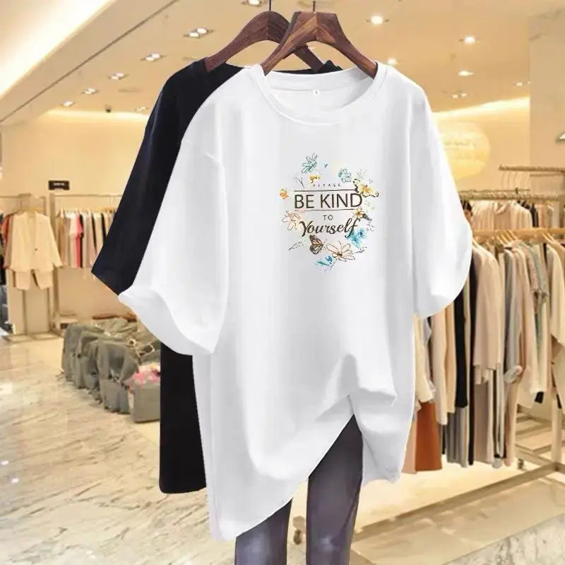 Women Clothing Floral Printing Pure Cotton Basic T-shirts Summer Fashion O-neck Short Sleeve Loose Tee Casual Chic Tops 45-105Kg - Jungle Line