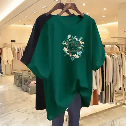 Women Clothing Floral Printing Pure Cotton Basic T-shirts Summer Fashion O-neck Short Sleeve Loose Tee Casual Chic Tops 45-105Kg - Jungle Line