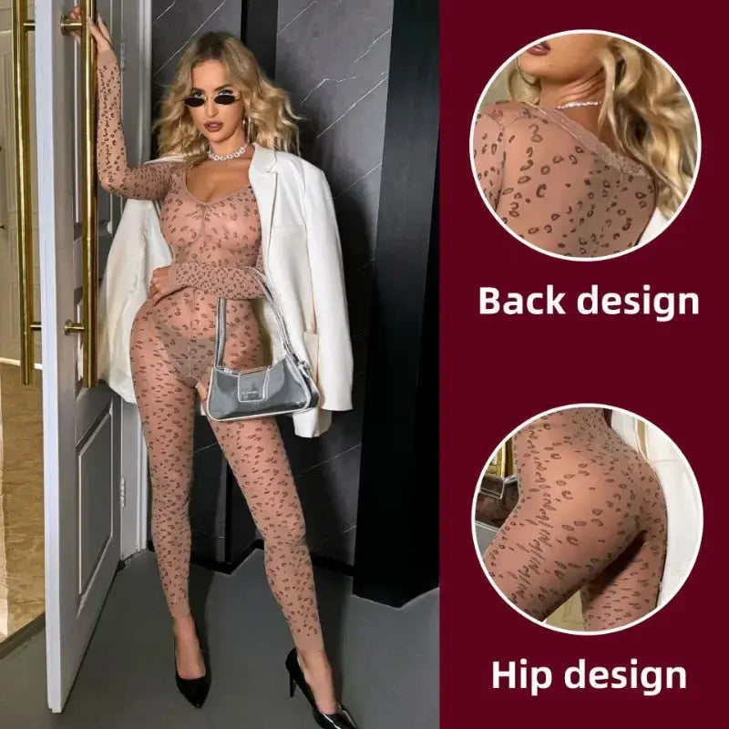 Combinaison sexy Jungle Line en peau de léopard, avec bas, ouverte et transparente, pour un look séduisant et passionné.