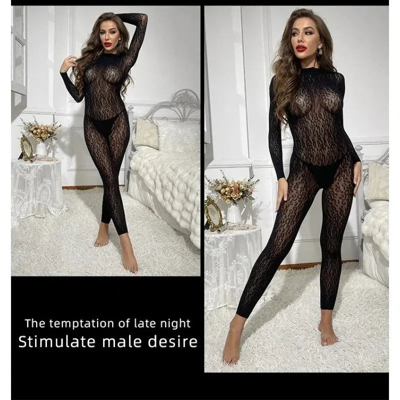 Combinaison sexy Jungle Line en motif peau de léopard, lingerie ouverte, porte-jarretelles, allure passionnée et érotique.