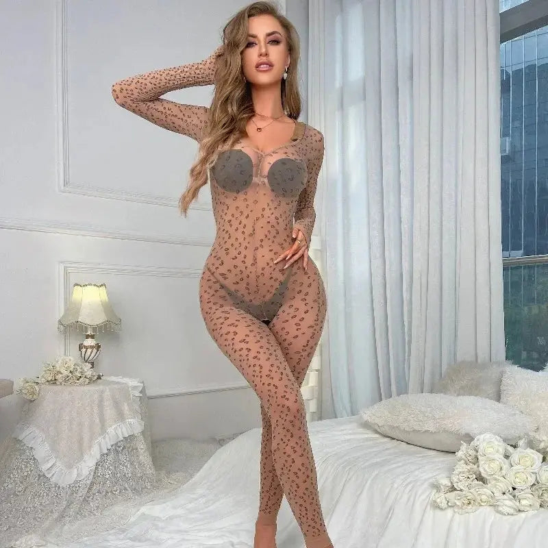 Combinaison sexy en imitation léopard avec bas, style ouvert et séduisant, lingerie érotique de Jungle Line.