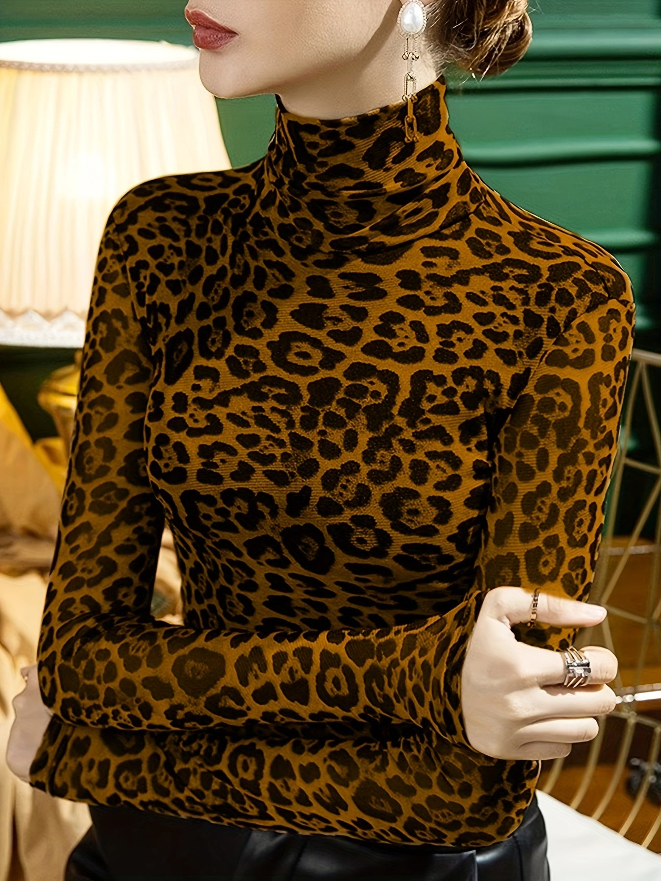 Long Sleeve Casual Leopard Print Turtleneck T-Shirt for Spring & Fall, Women's Clothing - Jungle Line