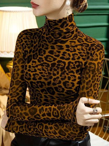 Long Sleeve Casual Leopard Print Turtleneck T-Shirt for Spring & Fall, Women's Clothing - Jungle Line