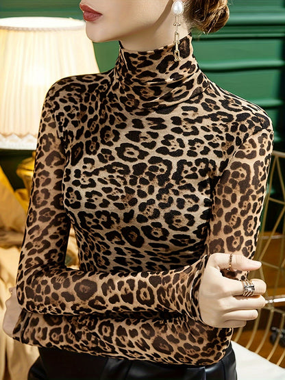 Long Sleeve Casual Leopard Print Turtleneck T-Shirt for Spring & Fall, Women's Clothing - Jungle Line