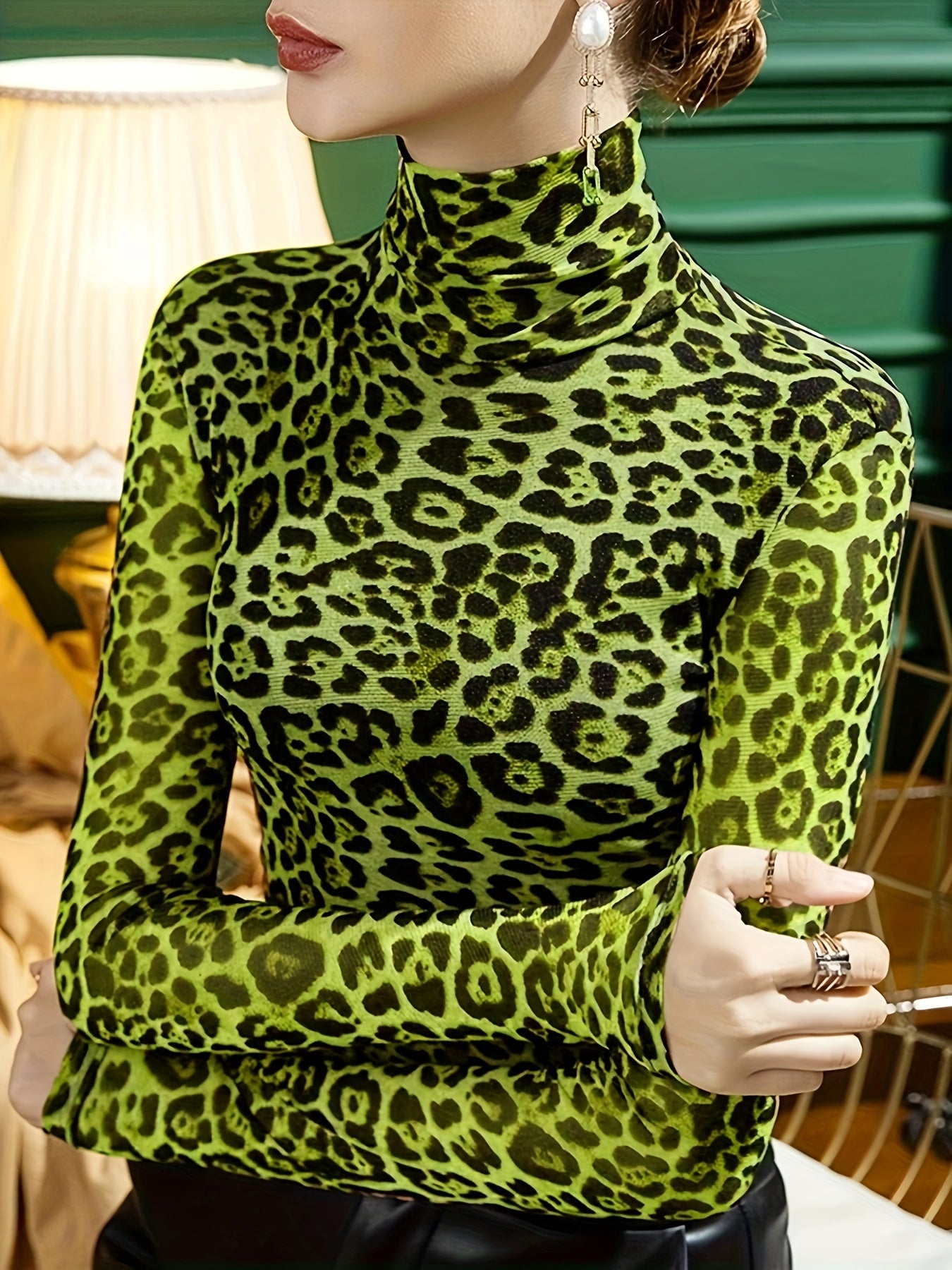 Long Sleeve Casual Leopard Print Turtleneck T-Shirt for Spring & Fall, Women's Clothing - Jungle Line