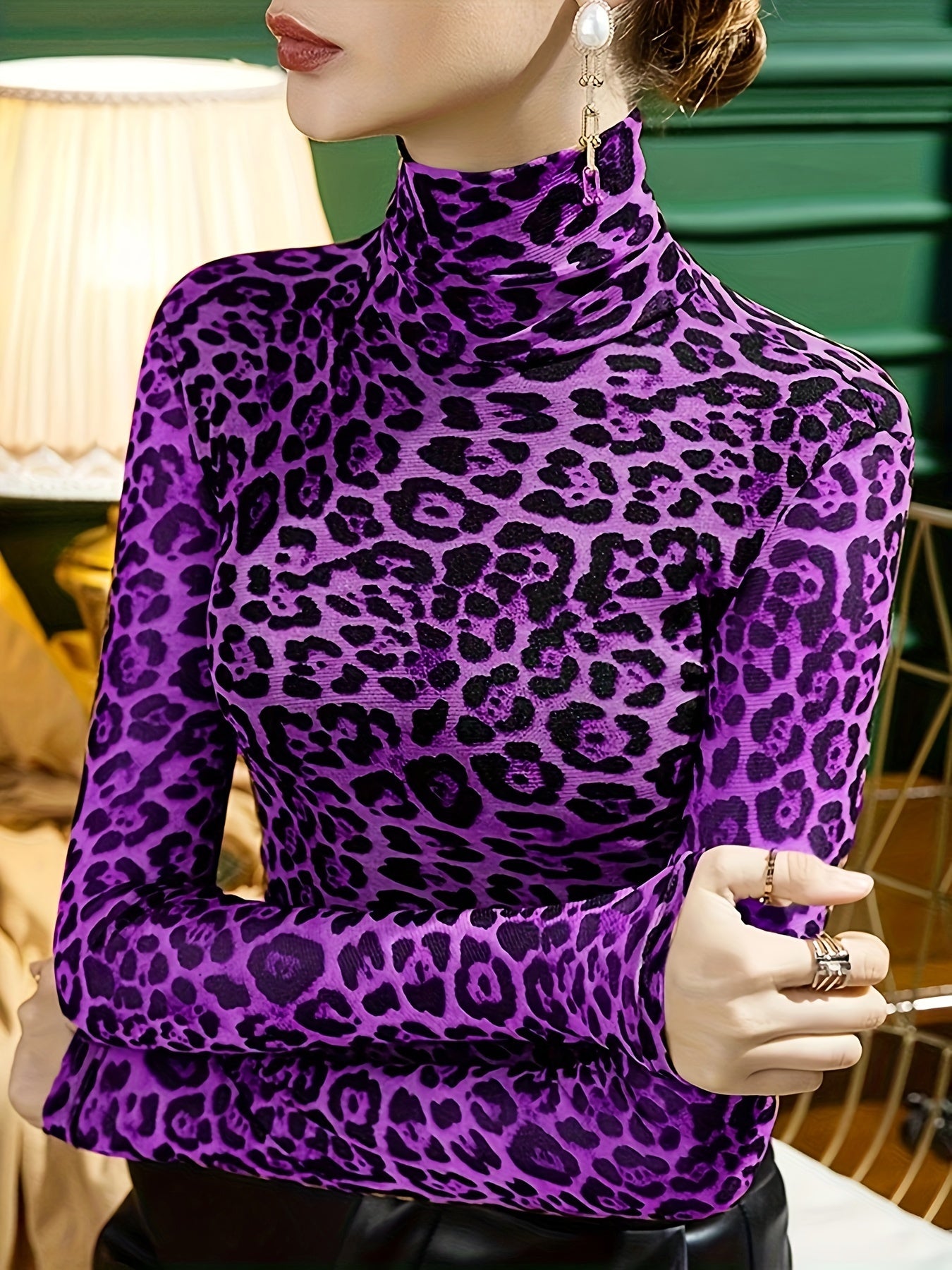 Long Sleeve Casual Leopard Print Turtleneck T-Shirt for Spring & Fall, Women's Clothing - Jungle Line