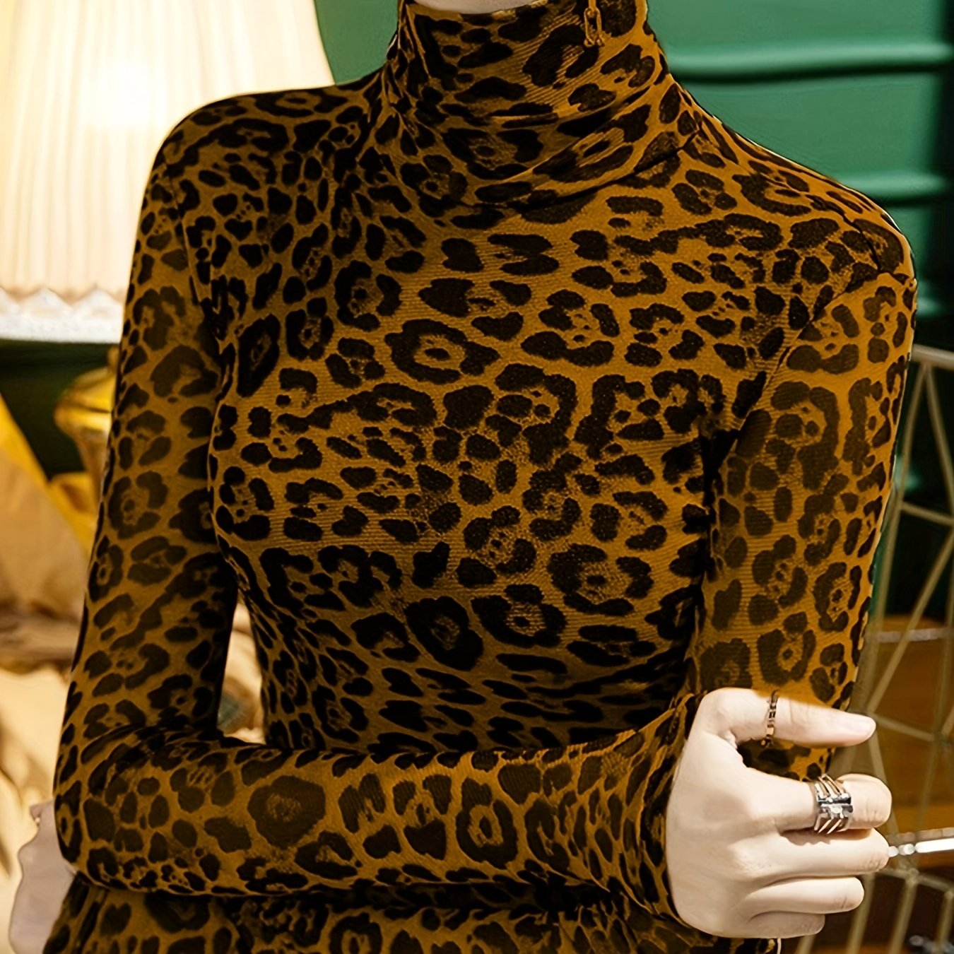 Long Sleeve Casual Leopard Print Turtleneck T-Shirt for Spring & Fall, Women's Clothing - Jungle Line
