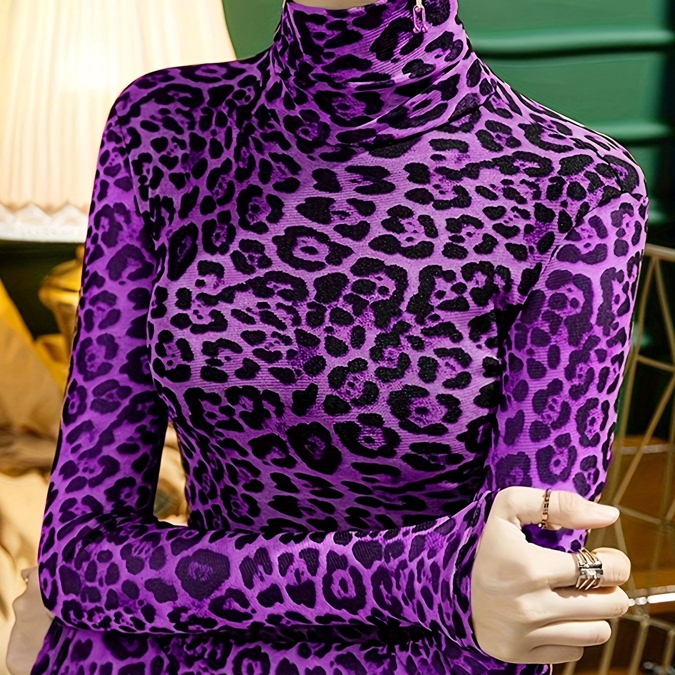 Long Sleeve Casual Leopard Print Turtleneck T-Shirt for Spring & Fall, Women's Clothing - Jungle Line