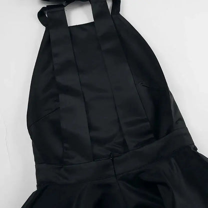Black Jungle Line backless halter mini dress for women, sleeveless French style evening dress with pockets, perfect for parties.