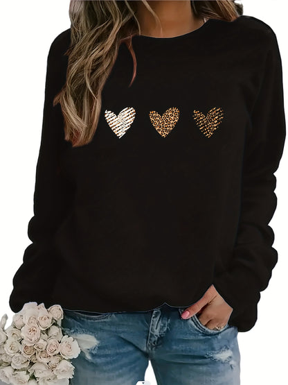 Leopard Heart Print Pullover Sweatshirt, Casual Long Sleeve Crew Neck Sweatshirt For Fall & Winter, Women's Clothing - Jungle Line