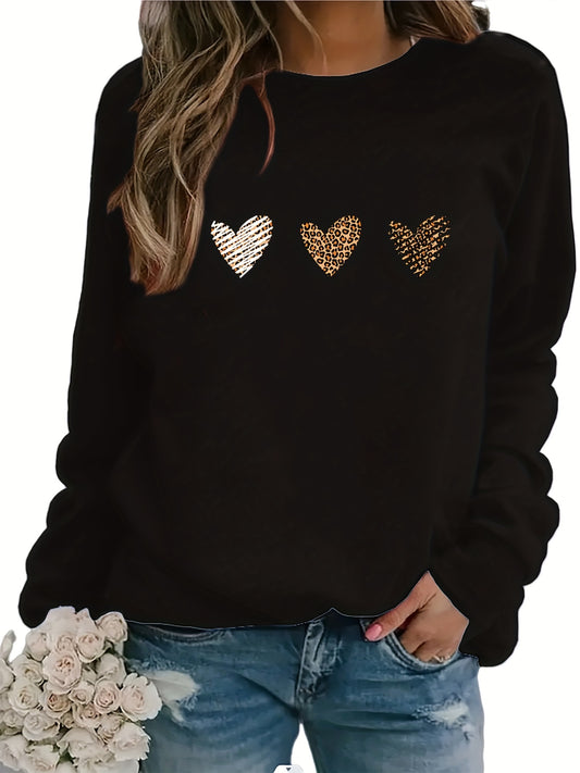 Leopard Heart Print Pullover Sweatshirt, Casual Long Sleeve Crew Neck Sweatshirt For Fall & Winter, Women's Clothing - Jungle Line