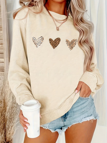 Leopard Heart Print Pullover Sweatshirt, Casual Long Sleeve Crew Neck Sweatshirt For Fall & Winter, Women's Clothing - Jungle Line