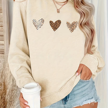 Leopard Heart Print Pullover Sweatshirt, Casual Long Sleeve Crew Neck Sweatshirt For Fall & Winter, Women's Clothing - Jungle Line