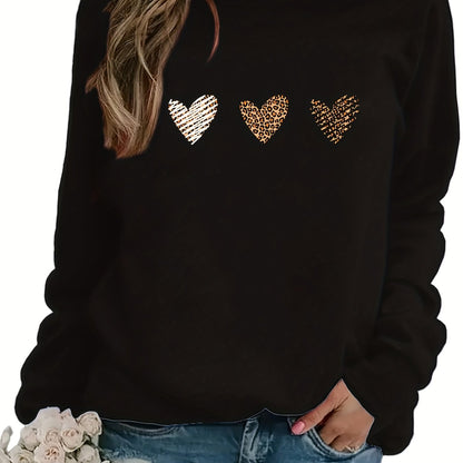 Leopard Heart Print Pullover Sweatshirt, Casual Long Sleeve Crew Neck Sweatshirt For Fall & Winter, Women's Clothing - Jungle Line