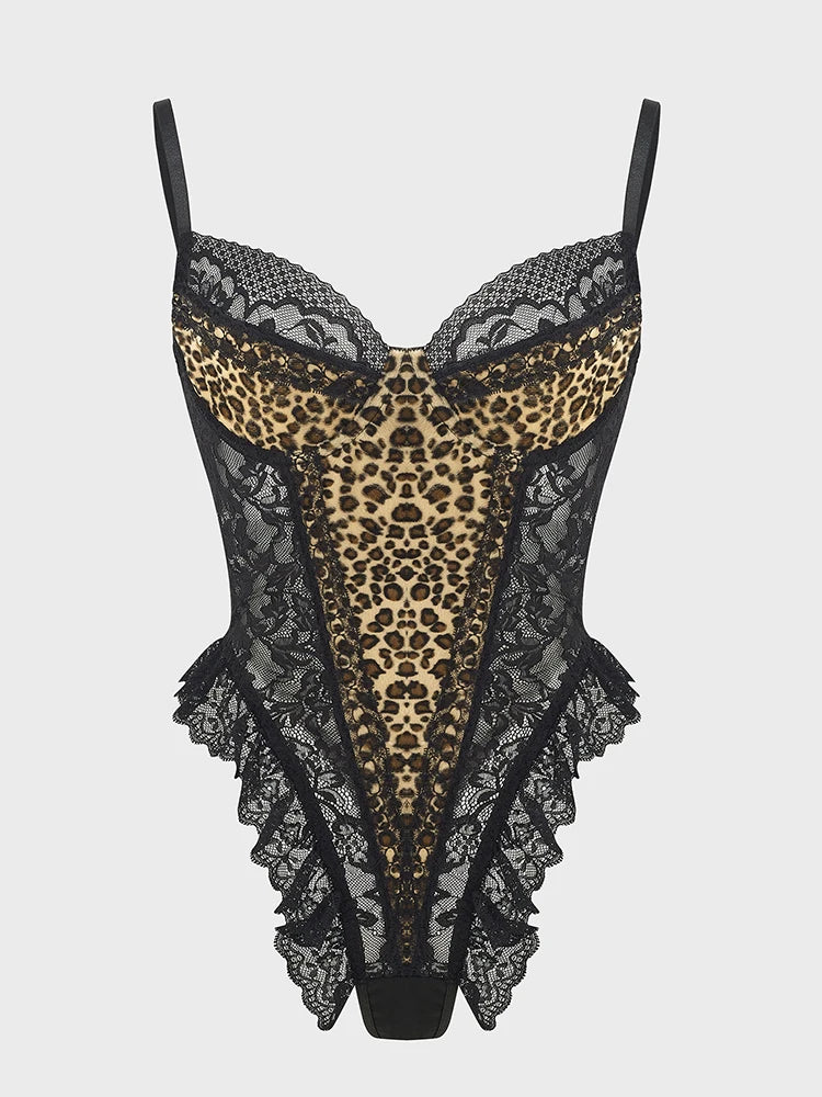 Body en dentelle léopard vintage chic de Jungle Line, débardeur sans manches, dos nu, ajusteur pour femmes.