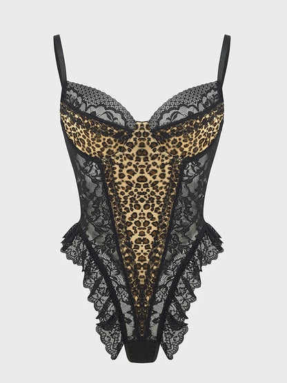 Body en dentelle léopard vintage chic de Jungle Line, débardeur sans manches, dos nu, ajusteur pour femmes.