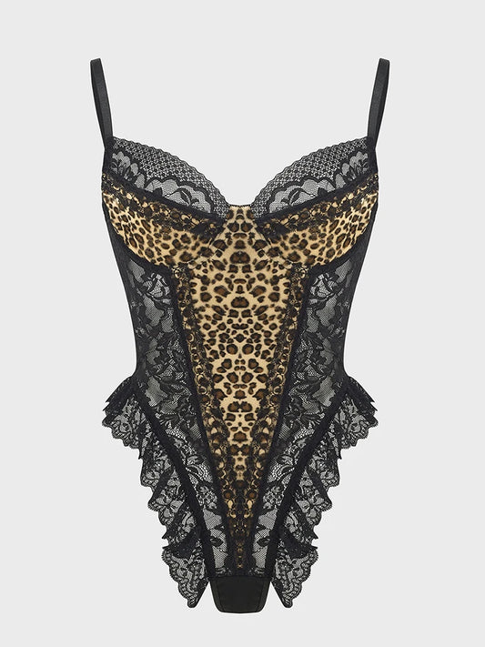 Body en dentelle léopard vintage chic de Jungle Line, débardeur sans manches, dos nu, ajusteur pour femmes.