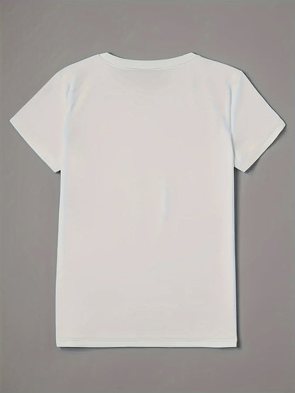 T-shirt blanche à motif cœur léopard de Jungle Line, manches courtes, col rond, style décontracté, motif tendance.