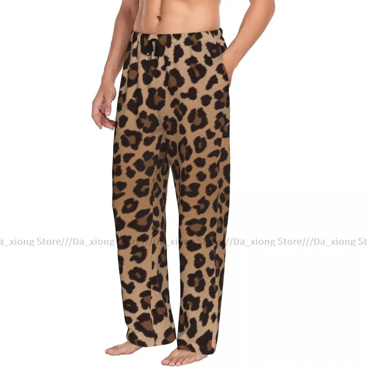 Men's loose sleep pants by Jungle Line with leopard print, black color, comfortable sleepwear pajamas for men.