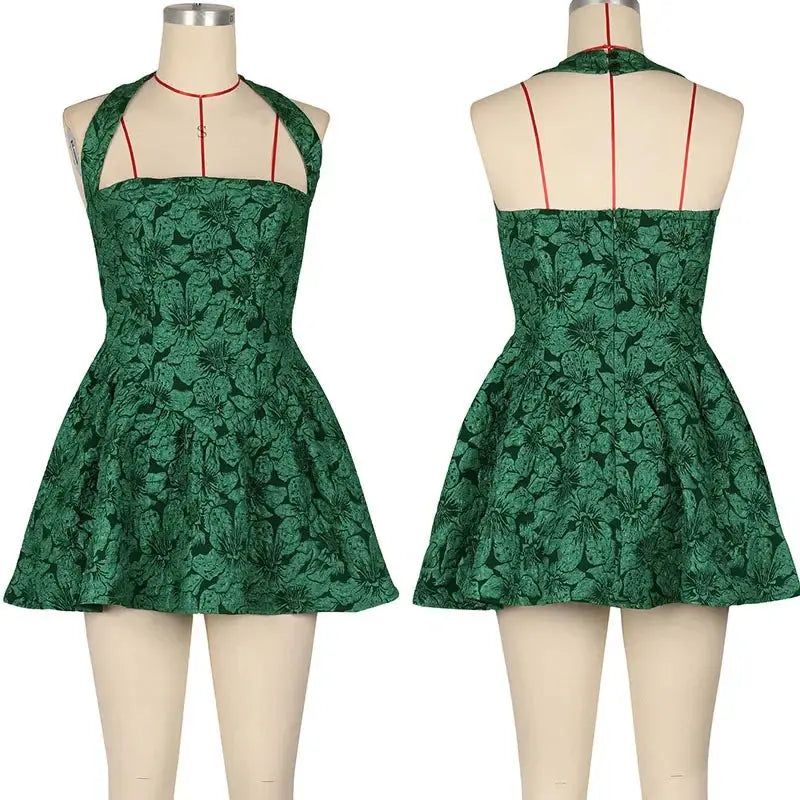 Robe courte noire sans manches Jungle Line, style bustier, dos nu, coupe A-line, pour soirée ou fête, motif floral.