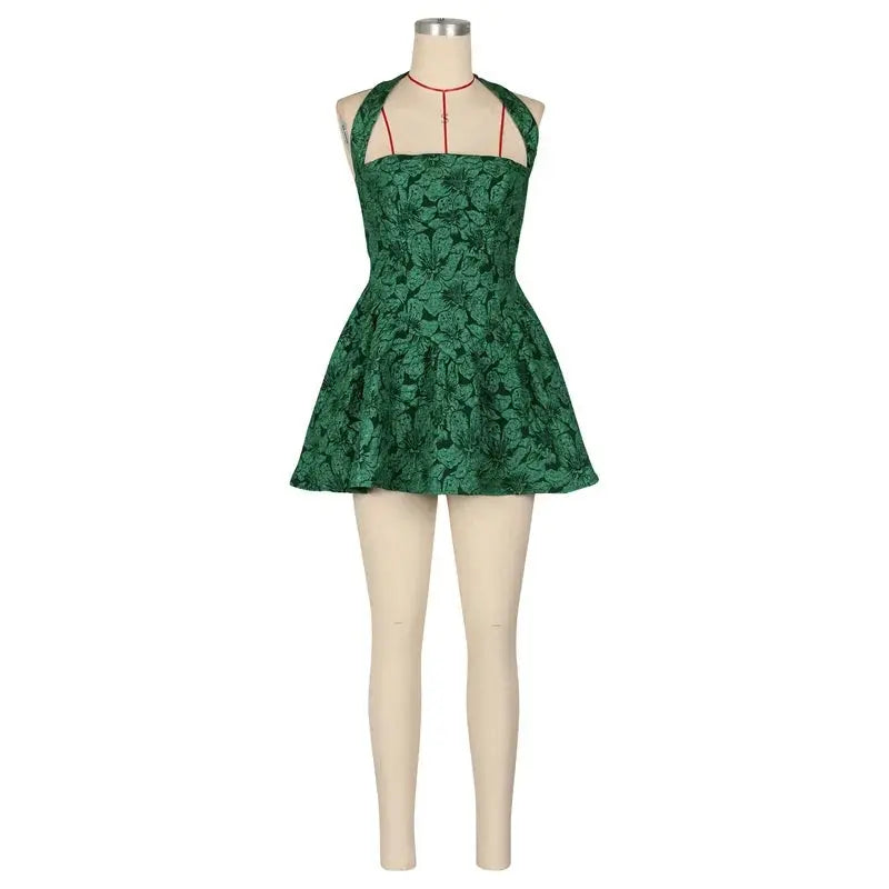 Robe mini sexy sans manches Jungle Line, dos nu, style halter, motif floral, pour soirée ou fête nocturne, taille XL.