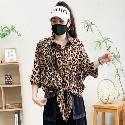 Summer Mid-sleeved Bat Shirt Leopard Print Shirt Middle-aged Mother Jungle Line