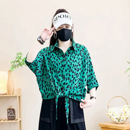 Summer Mid-sleeved Bat Shirt Leopard Print Shirt Middle-aged Mother Jungle Line