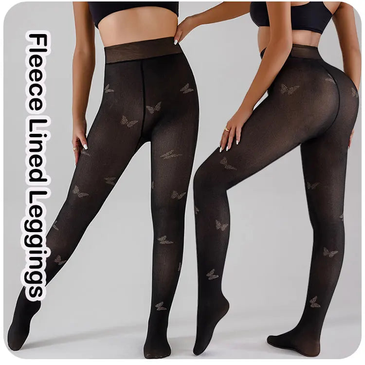 Deux packs de leggings femme Jungle Line en polaire avec motif léopard jacquard, tights noirs translucides, sans couture.