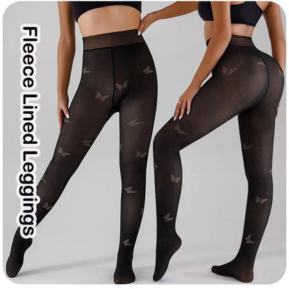Deux packs de leggings femme Jungle Line en polaire avec motif léopard jacquard, tights noirs translucides, sans couture.