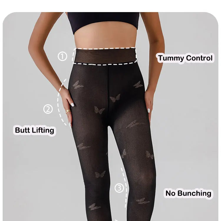 Leggings pour femmes Jungle Line, doublées en polaire, tights noirs translucides avec motif papillon léopard jacquard, lot de 2