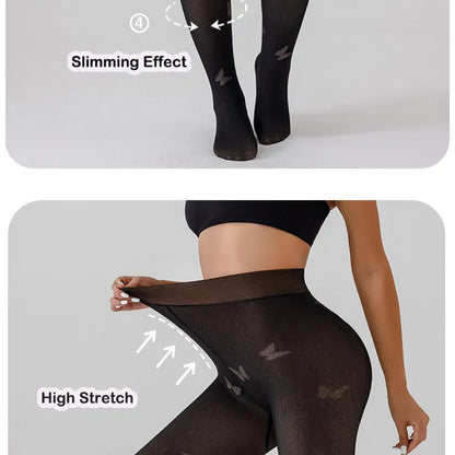 Deux packs de leggings pour femmes Jungle Line en polaire, tights noirs translucides avec design léopard papillon jacquard.