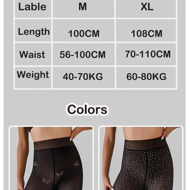 Leggings pour femmes Jungle Line, doublées en polaire, noir translucide avec motif papillon et léopard jacquard, style seamless.