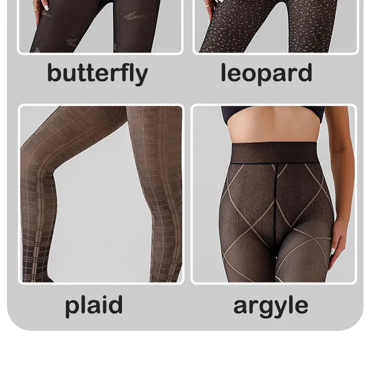 Deux packs de leggings pour femmes Jungle Line en polaire, tights noirs translucides, motif papillon léopard jacquard, sans couture.