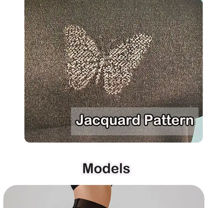 Deux packs de leggings femmes Jungle Line en polaire, tights noirs translucides avec motif léopard jacquard et design papillon.