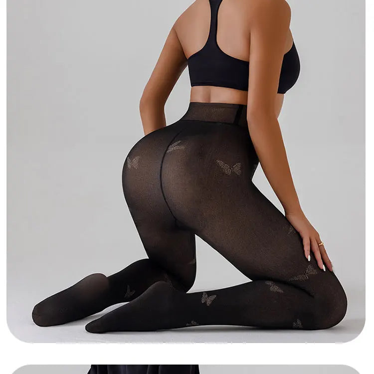 Leggings femme Jungle Line, lot de 2, doublés en polaire, faux translucides, motifs papillon et léopard jacquard, sans couture.