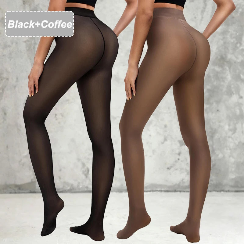 Deux packs de leggings femme Jungle Line en polaire, tights translucides noires, motif papillon léopard jacquard, sans couture.