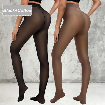 Deux packs de leggings femme Jungle Line en polaire, tights translucides noires, motif papillon léopard jacquard, sans couture.